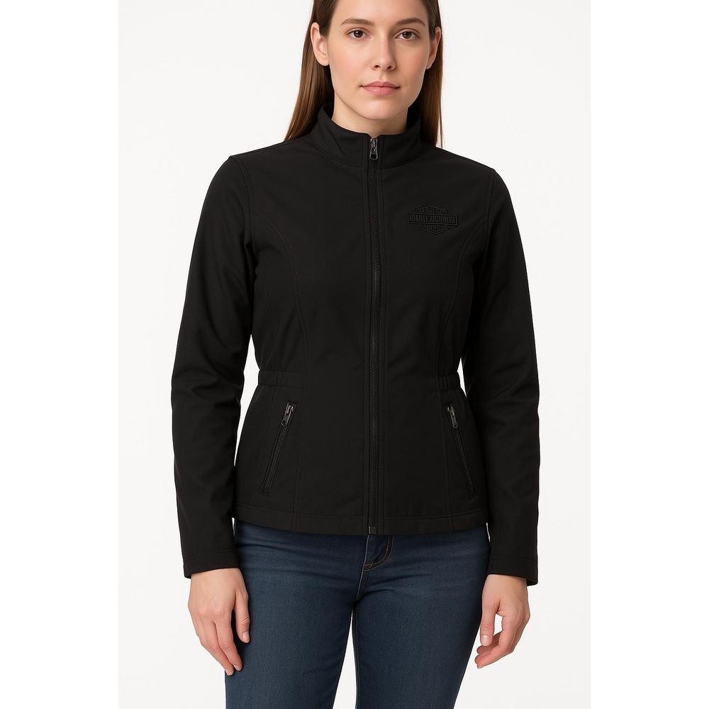 Harley Davidson Genuine Womens Black Jacket Zip Pockets Cinch Waist Medium